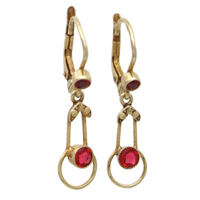 Secesní pozlacené náušnice s červeným kamenem
