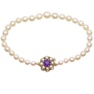 Zlatý náramek s mořskými perlami Akoya a ametystem