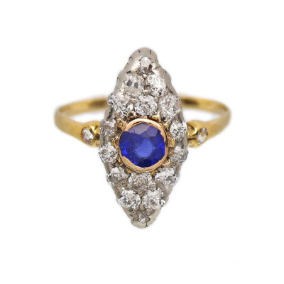 Art deco zlatý prsten s diamanty 0,50 ct a safírem