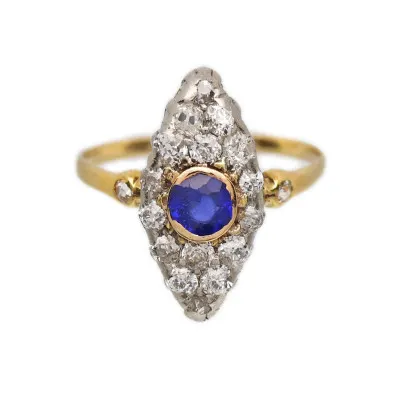 Art deco zlatý prsten s diamanty 0,50 ct a safírem