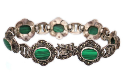 Stříbrný náramek s malachity a markazity