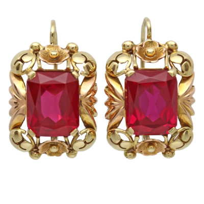 Zlaté náušnice s rubíny, punc lvíček