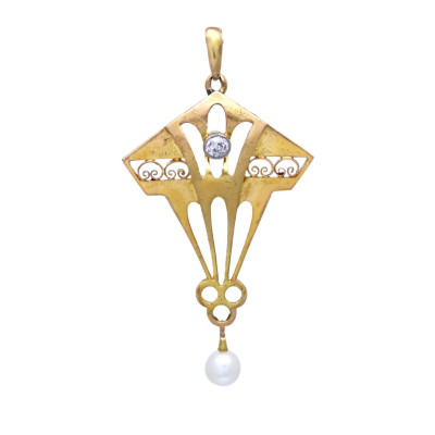 Secesní zlatý přívěsek s diamantem a perlou
