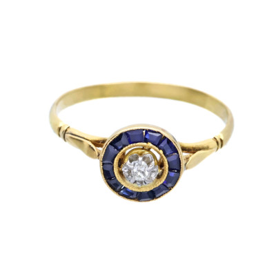 Zlatý prsten se safíry a diamantem