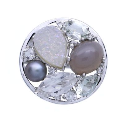 Vintage stříbrný prsten s měsíčním kamenem, perlou a křemenem
