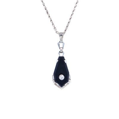 Art deco zlatý přívěsek s diamantem, onyxem a řetízkem