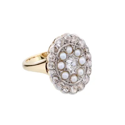 Luxusní Art deco zlatý prsten s diamanty 1,30 ct a perlami