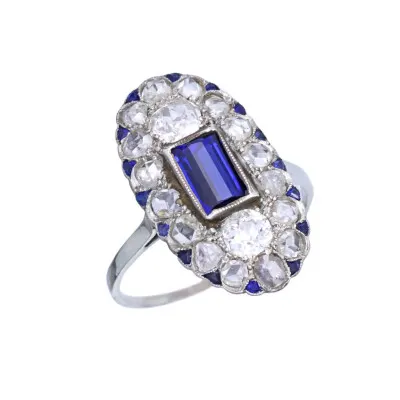 Art deco zlatý prsten s přírodními diamanty 1,2 ct a safíry